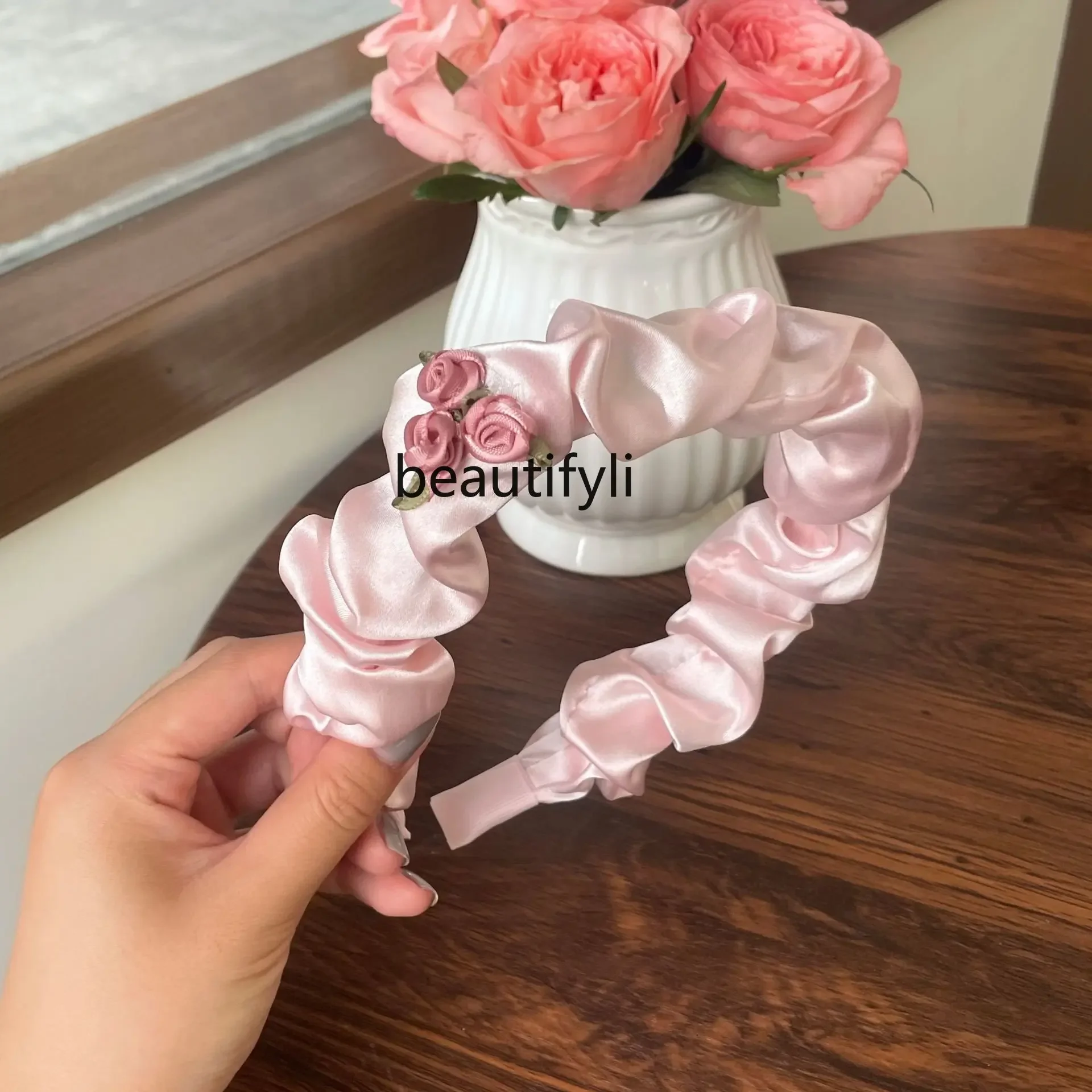 yj Pink Floral Bright Pleated Flower Style Updo Wide Brim Hair Band Female Hair Fixer Hairpin Hair Ornaments