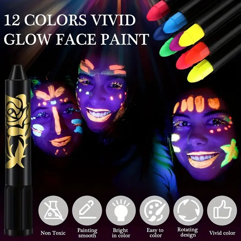 12PCS Fluorescent Paint Glow In The Dark Crayon Body Paint Washable Diy Face Painting Crayons Party Halloween Event Makeup Props