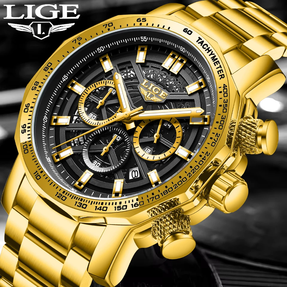 

LIGE Sports Chronograph Wrist Watch For Men Gold Stainless Steel Waterproof Big Dial Watch Men Fashion Luminous Quartz Men Watch