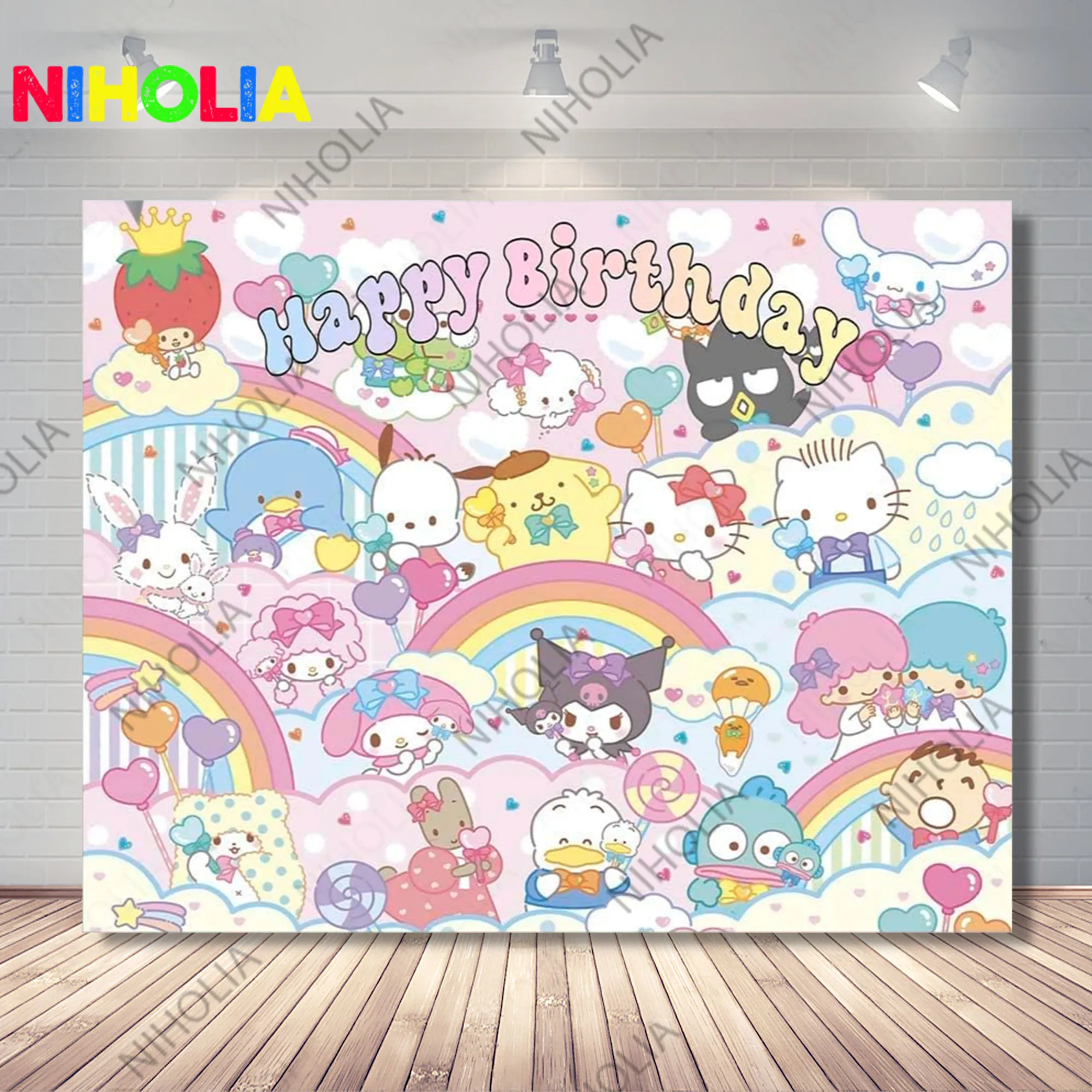 Hello Kitty Birthday Banner Girls Photo Backdrop Baby Shower Decor Sanrio Characters Photography Background Photo Booth Props