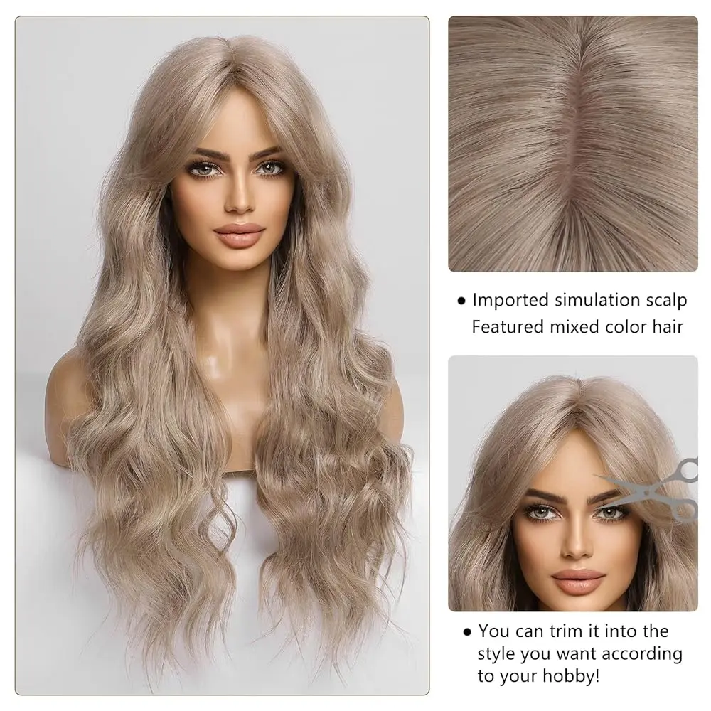 EASIHAIR Asche Blonde Lange Wasser Welle Synthetische Perücken mit Bang Licht Brown Tiefe Welle Haar Perücke für Frauen Täglichen Party hitze