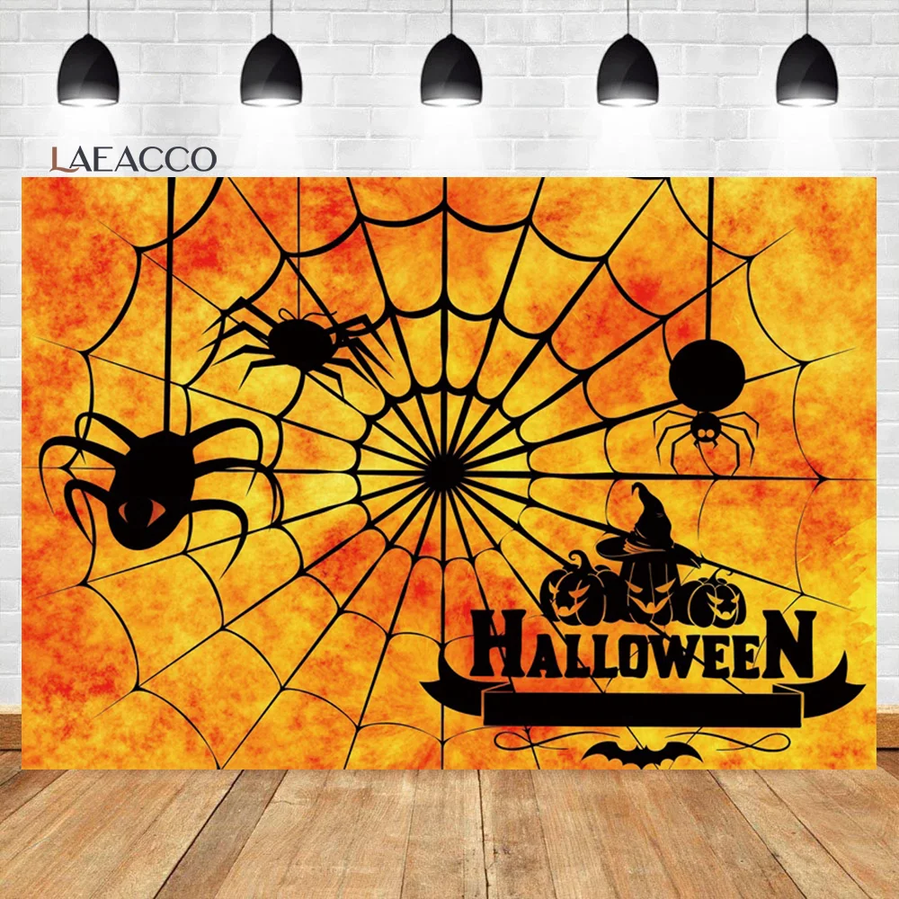 

Laeacco Halloween Spider Web Backdrop Gold Black Night Horror Pumpkin Bat Children Kids Birthday Portrait Photography Background