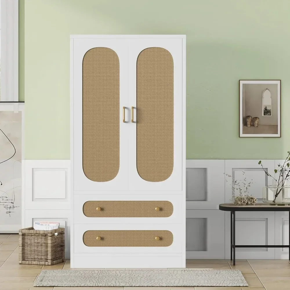 Wardrobe Closet with 2 Doors, Armoire Storage Closet Cabinet with Drawers, Hanging Rod, Freestanding Wooden Armoire Wardrobe