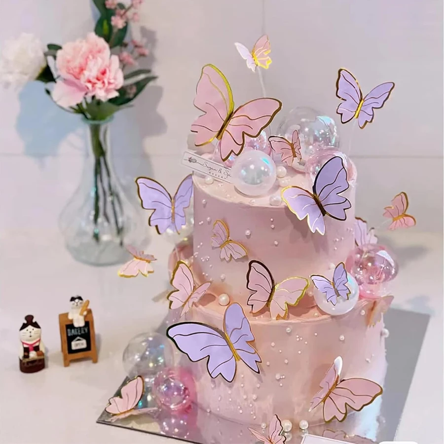 50 Pcs/5 Sets Golden Edged Butterfly Cake Decoration 3D Cupcake Decoration Birthday Cake Plugin