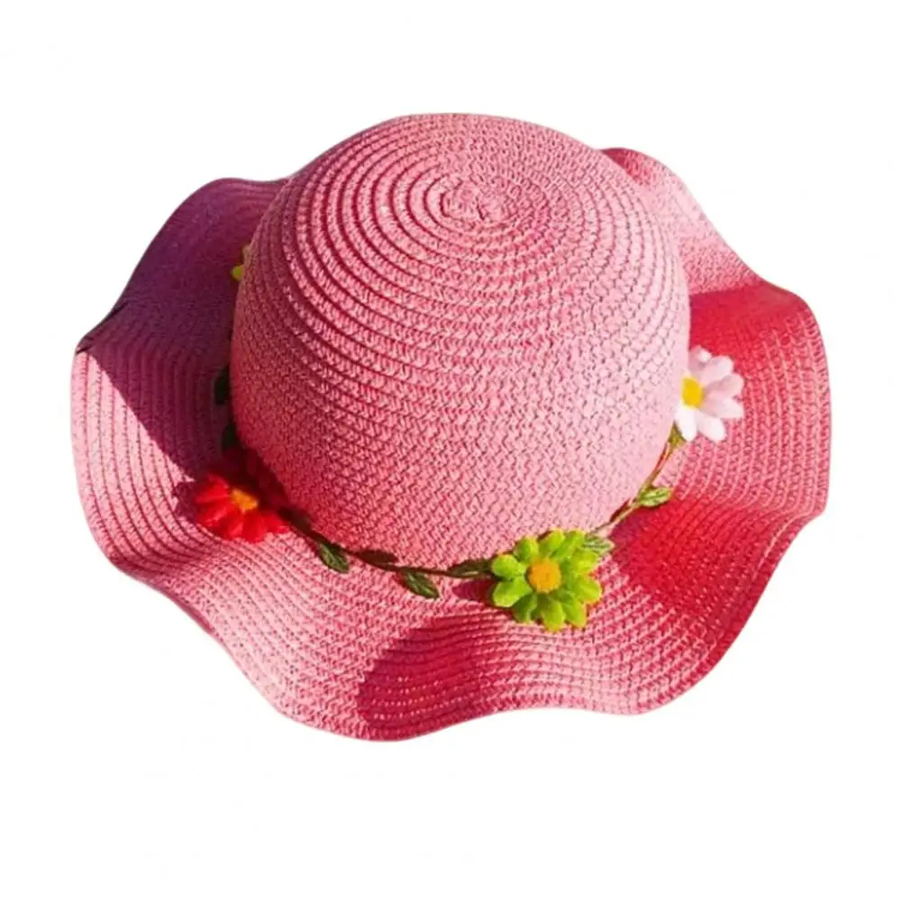 Children Sun Hat Wide Brim UV Protection Straw Hat with 3D Flowers Decor Lightweight Foldable Summer Beach Cap  95