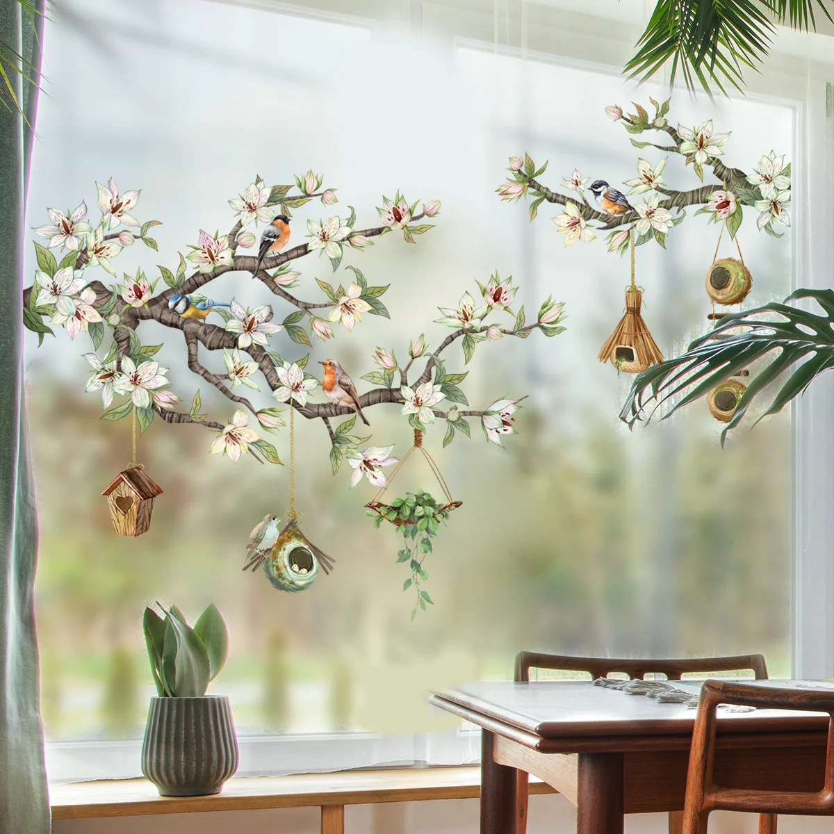 30*60cm Branch Bird Hummingbird Plant Flower Glass Sticker Double Sided Visual Glass Window Decorative Mural Wall Sticker Ct6048