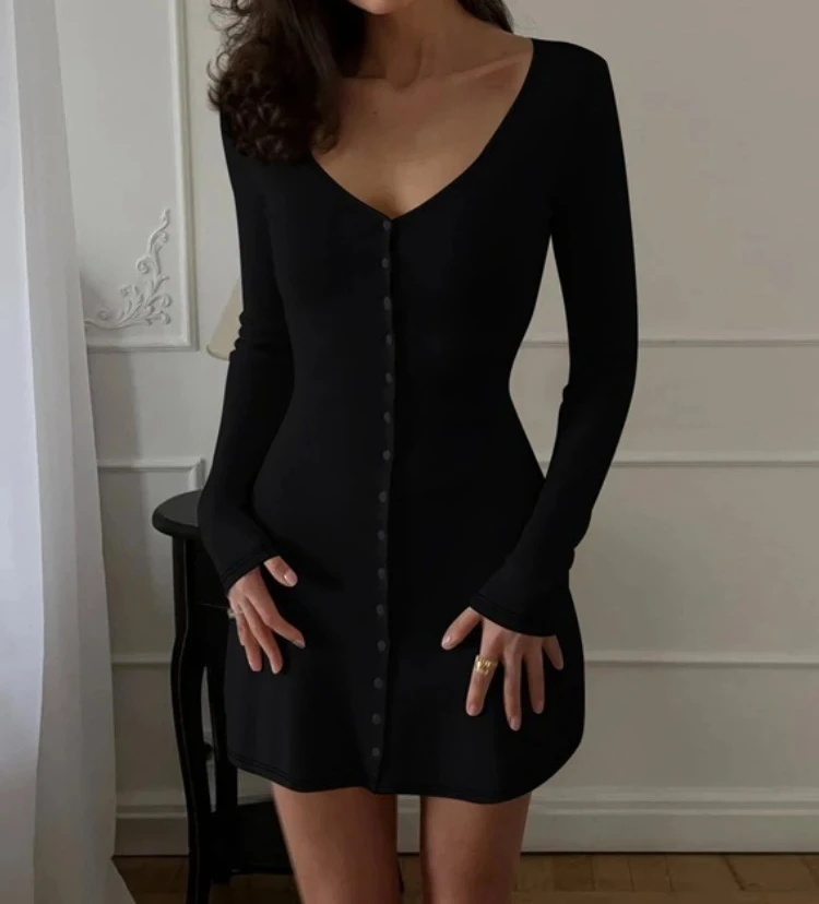 

Evening Female Short Dress Fashion V-Neck Mini Dress For Women Long Sleeves Solid High-Waisted Charm Slim Party Dress