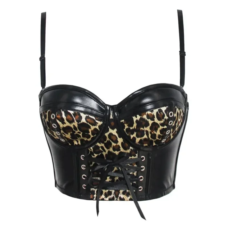 

Women Leopard Print Leather Corset Crop Top Front-Lace Up Bustier Cup Bra Push Up Corselet Sexy Lingerie Party Short Camis