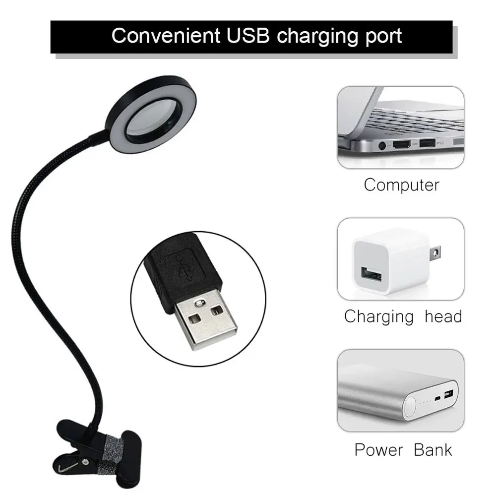 Lupa Led tipo Clip, luz de belleza de uñas, luz fría USB, equipo antideslizante, abrazadera de vidrio, lámpara de escritorio portátil