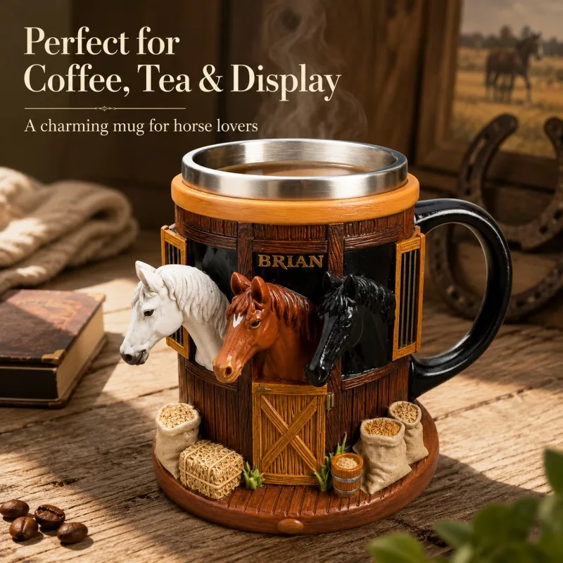Western Horse Stable 3D Resin Beer Mug Stainless Steel Lined Interior Farm Ranch Horse Head Sculpture Coffee Cup Country Home