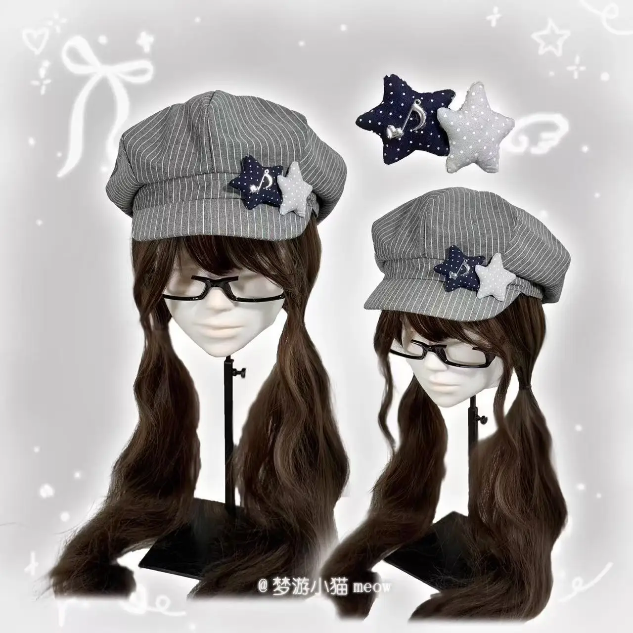 Baskenmütze für Damen, gestreift, Fünf-Sterne-Hüte für Damen, Mützen, Baskenmütze für Mädchen, Y2K-Accessoires, achteckige Mütze im japanischen Stil