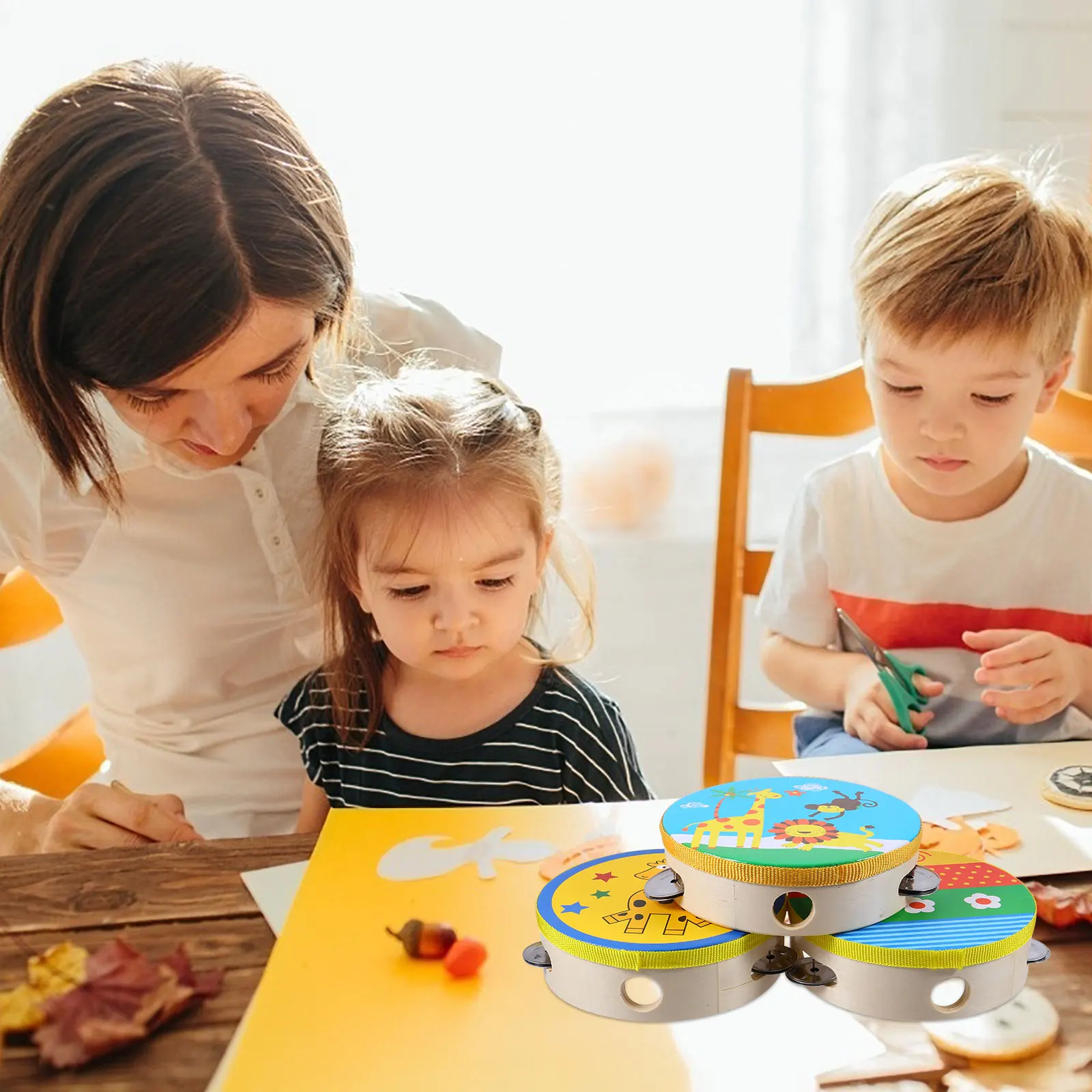 

Wood Tambourine For Kids Handheld Drum With 4 Pairs Jingles Eco-Friendly Musical Instrument Birthday Gift Children