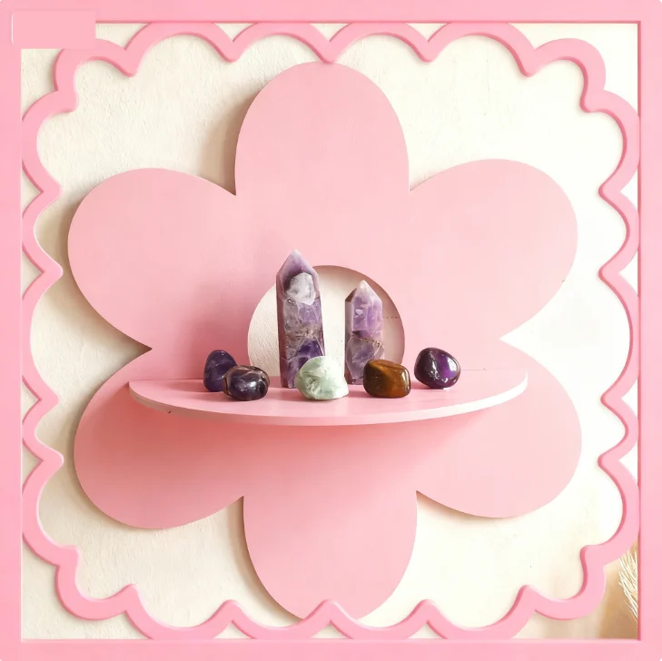 

Storage Rack Wooden Pink Green Flower Shaped Wall Crystal Display Rack Simple Shelf Decoration For Homestay Home Furnishings