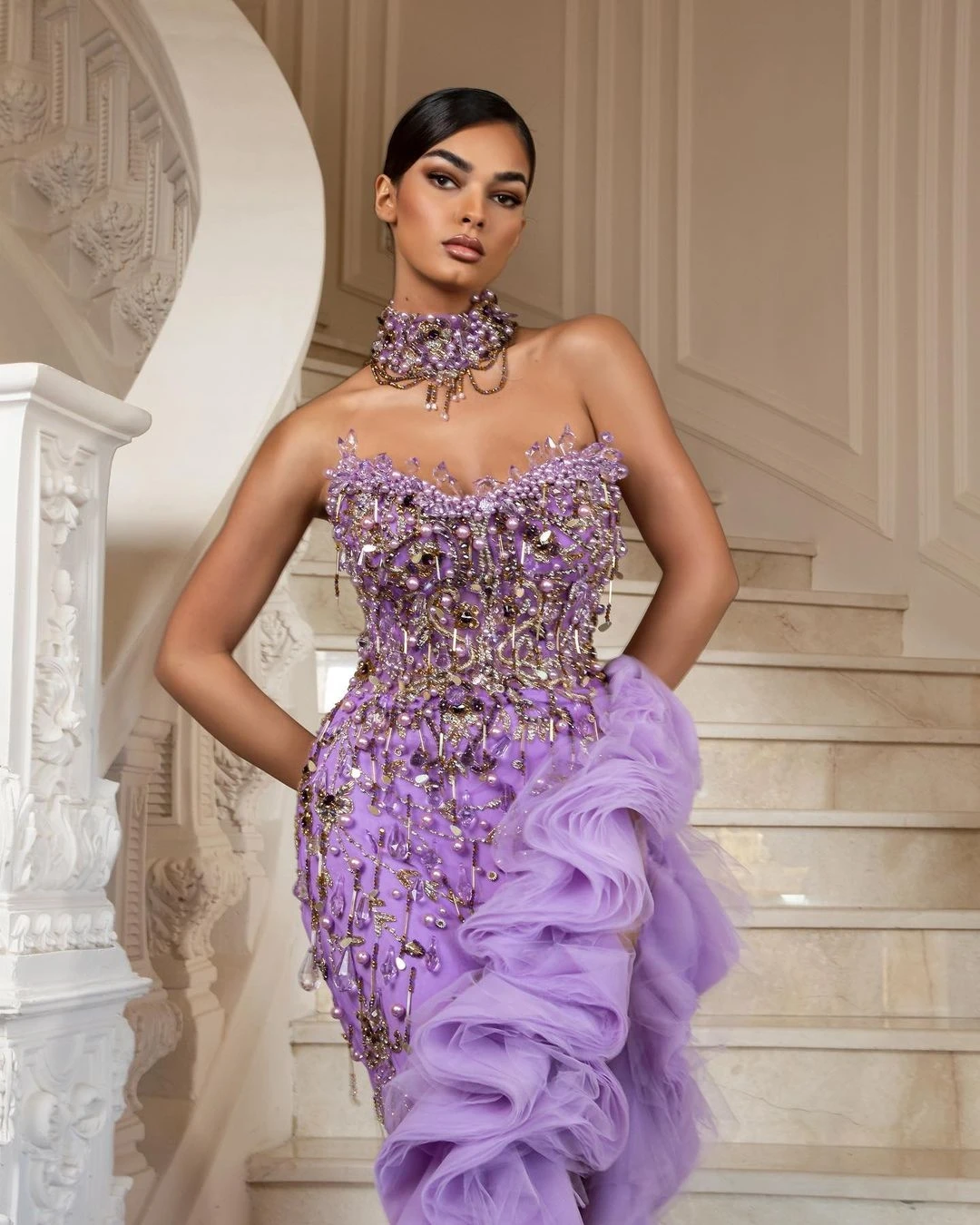 Luxe strapless avondjurk parels kralen zeemeermin Dubai vrouwen hoge split gelaagde ruche aangepaste partij prom formele jurk