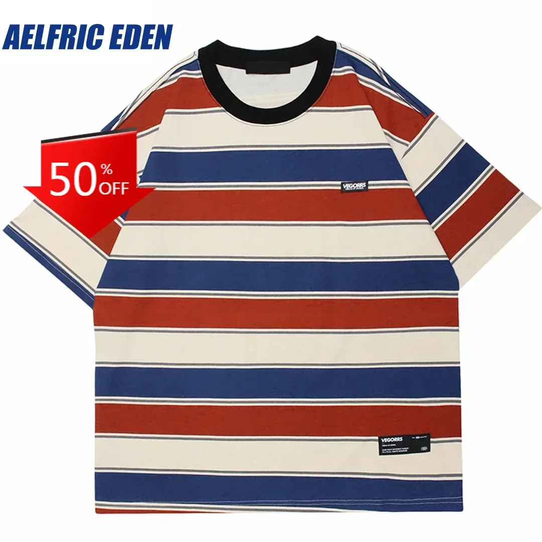 Aelfric Eden Retro Striped T-Shirt 2023 Men Hip Hop Streetwear Vintage Tshirt Harajuku Cotton Casual T Shirt Summer Tops Tees