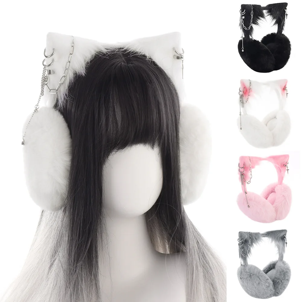 Cute Punk Kitten Ear Plush Earmuffs Winter Women Trendy Gothic Rivet Warm Earmuffs Daily Commute Cycling Ear Warmers