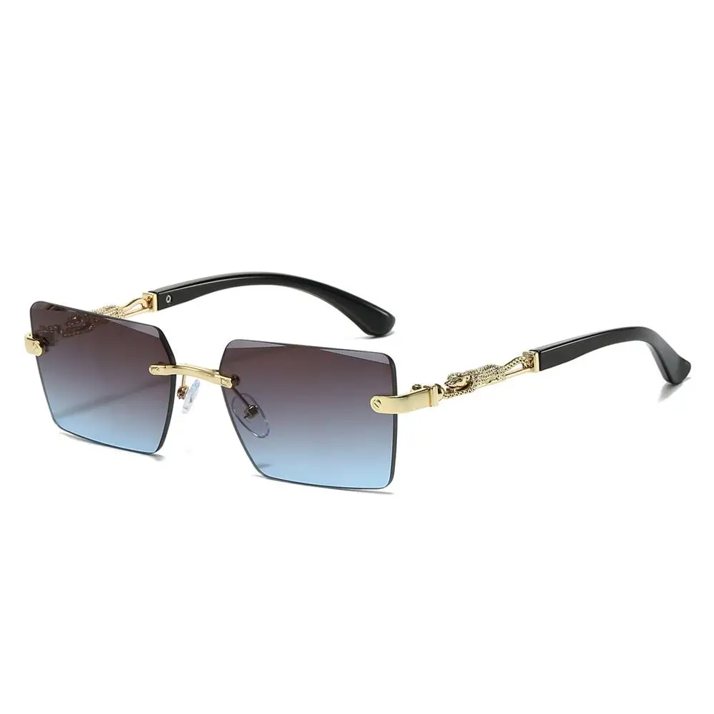 Vintage Rimless Square Sunglasses Cut Edge UV400 Leopard Decorative Shades Gradient Lens Sun Glasses for Women & Men