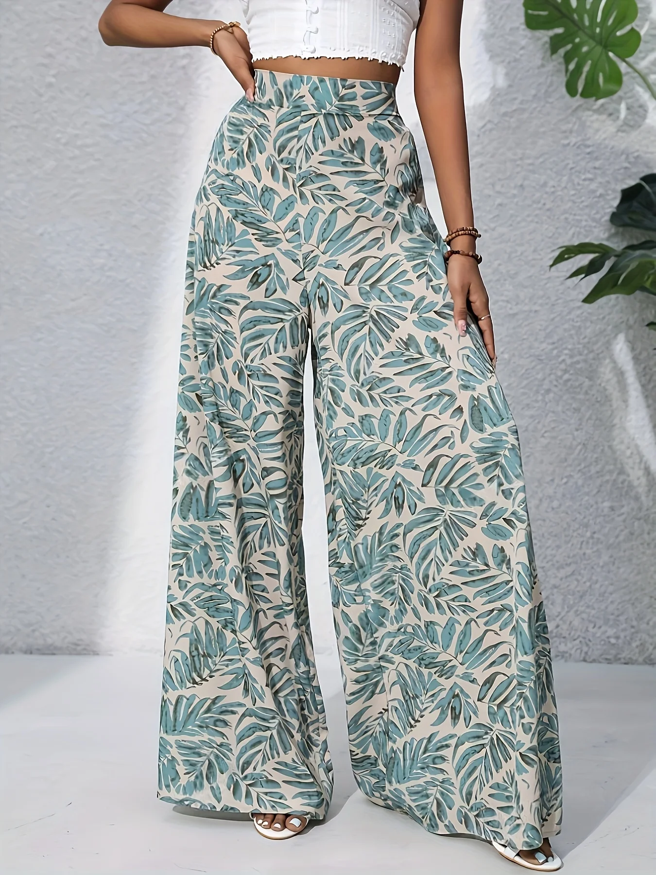 

Women's Summer Floral Print Plus Size Wide Leg Pants, Elegant High-Waist Loose Casual Pants, Perfect for Resort Style