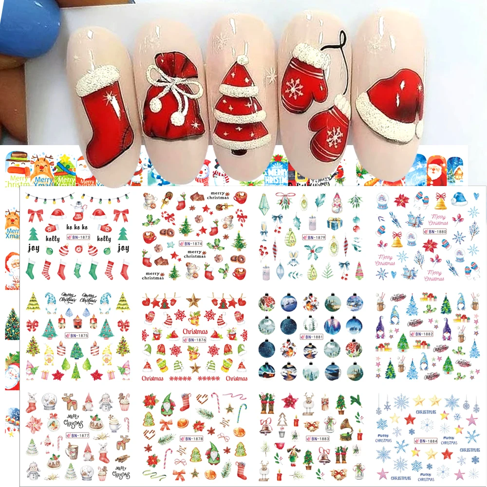 1/2 Blatt Weihnachten Nagelaufkleber Wassertransfer Aufkleber Urlaub Cartoon Design Schneemann Schneeflocke Sliders Maniküre Dekorationen