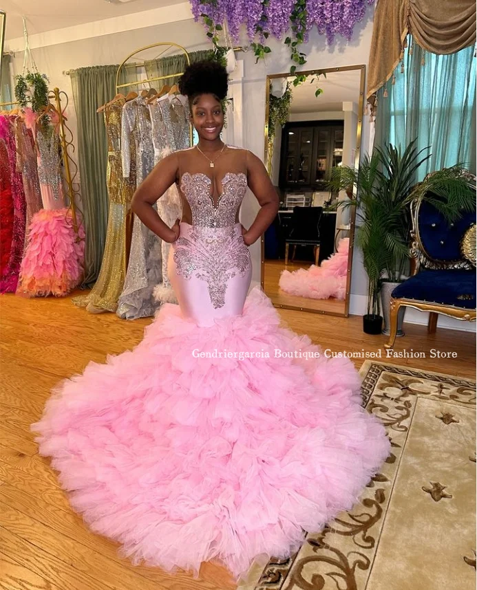 

Pink Mermaid Lace Evening Glitter Beaded Applique Women's Party Queen Dresses Formal Occasion Customised vestidos para mujer