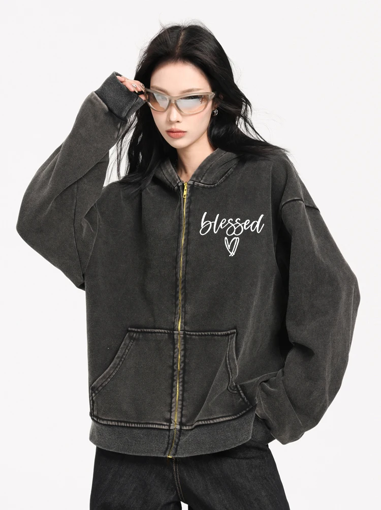 Blessed Love Letter Graphic Washed Zipper Hooded Woman Fashion Casual Hoodies Loose Hoody  Multicolor Autumn Street Cotton Top