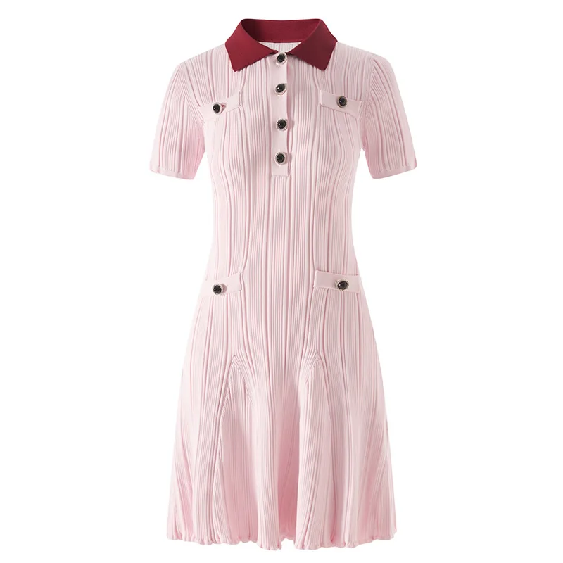 Elegant Short Sleeve Mini Dresses Fashion Colorblock Women Knitted Cotton Dress