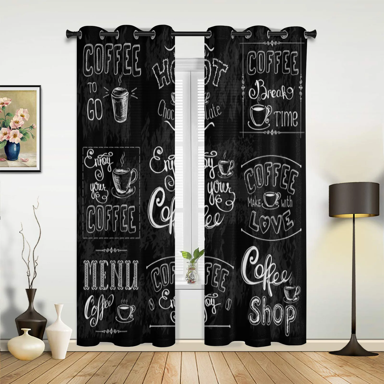 Coffee Text Graffiti Black Background Window Curtain for Living Room Bedroom Home Decor Kitchen for Window Drapes