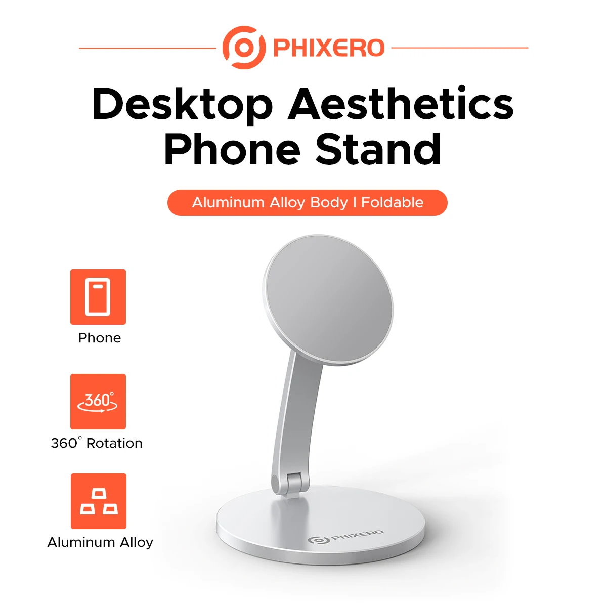 PHIXERO Magnetic Desktop Phone Stand 360° Rotatable Foldable Aluminum Holder, Adjustable Desk Magnetic Mount for MagSafe iPhone,