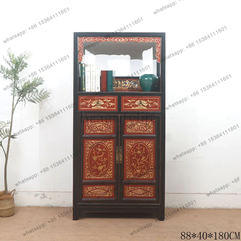 Chinese solid wood retro painted gold carving storage decorative cabinet tea cabinet