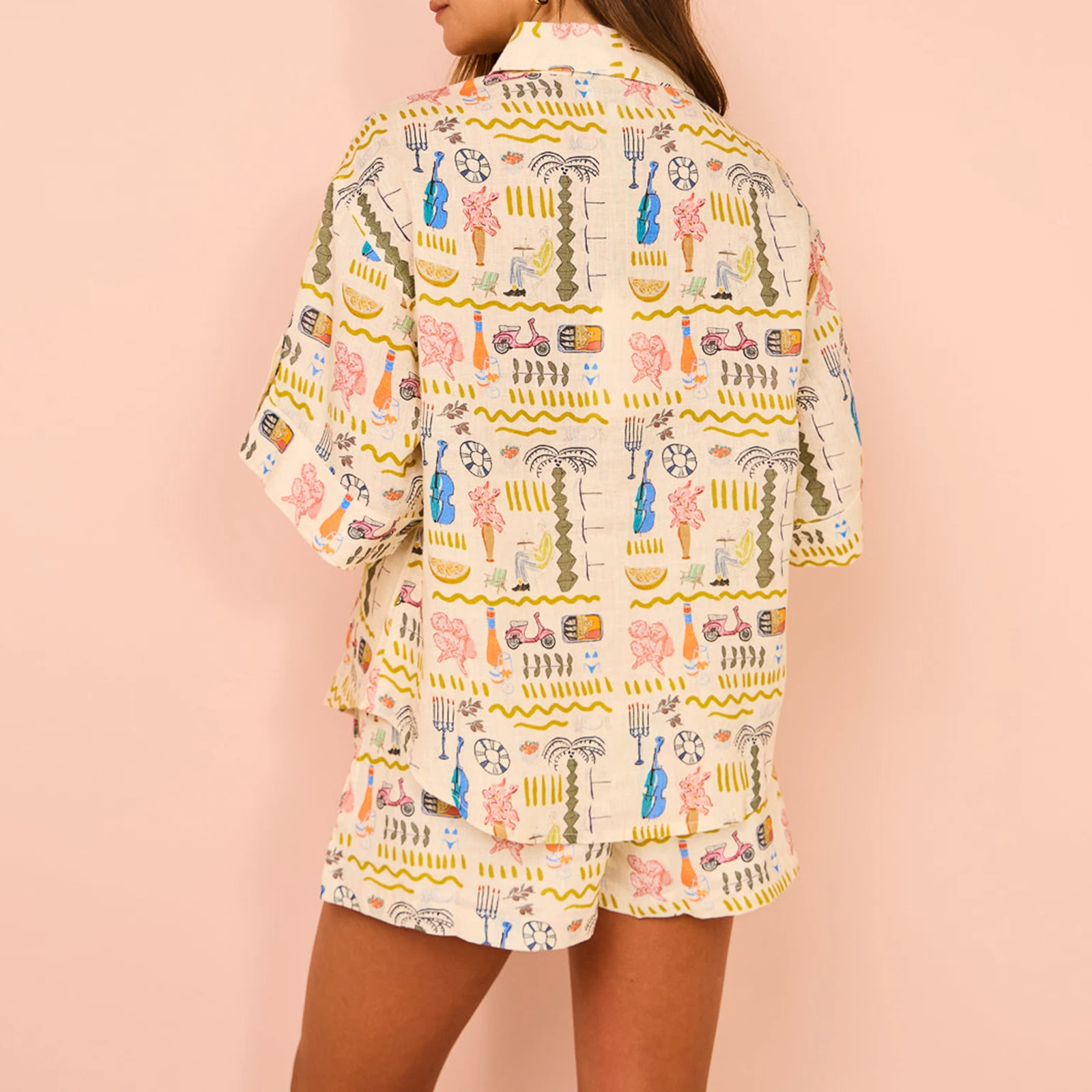 Vrouwen 2 Delige Outfits Pyjama Setsfashion Print Korte Mouwen Knoop Shirt En Elastische Shorts Club Streetwear Fashion Kleding