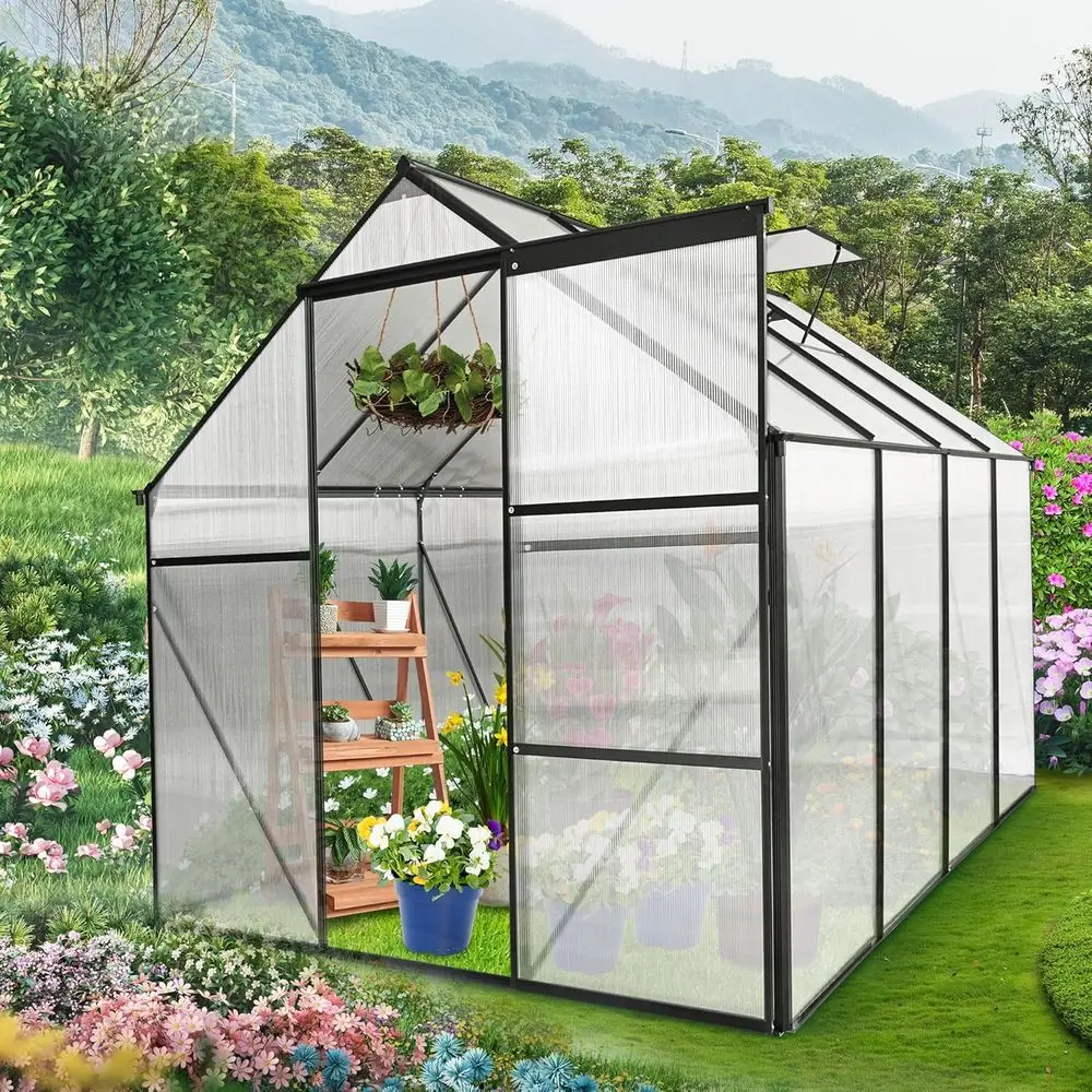 6x8ft Polycarbonate Aluminum Greenhouse with Sliding Door and Vent Window for Outdoor Plants in Winter