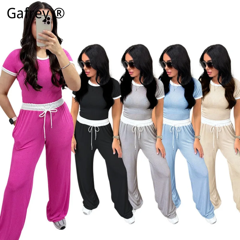 

2026 New Women Color Block Short Sleeve Crew Neck Top Wide Leg Pants Set Fashion Casual Sports Activewear Two Piece Summer