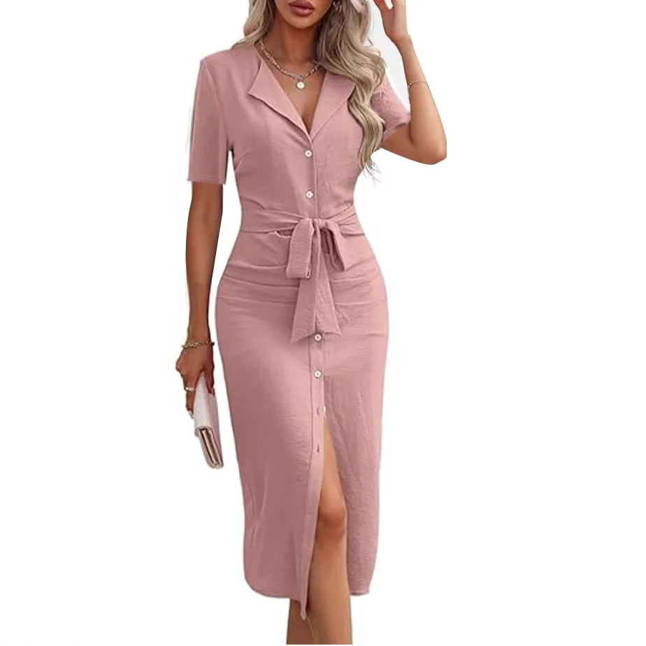 Lange jurk vrouwen zomerjurken sexy v-hals lace up strakke taille enkele rij knopen split maxi-jurk 2025, kantoor dame vestidos