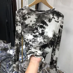 Long Sleeve T-shirts Women Tops Sexy Tie Dye Knitted Inner Autumn Fashion Streetwear Casual Personality Aesthetic Clothes Mujer