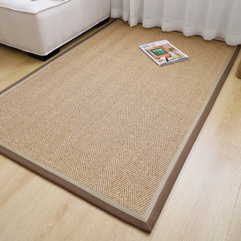 

Woven Carpet Solid Color Japanese Teahouse Living Room Bedroom Linen Floor Mat Nordic Rattan Tea Table Carpet
