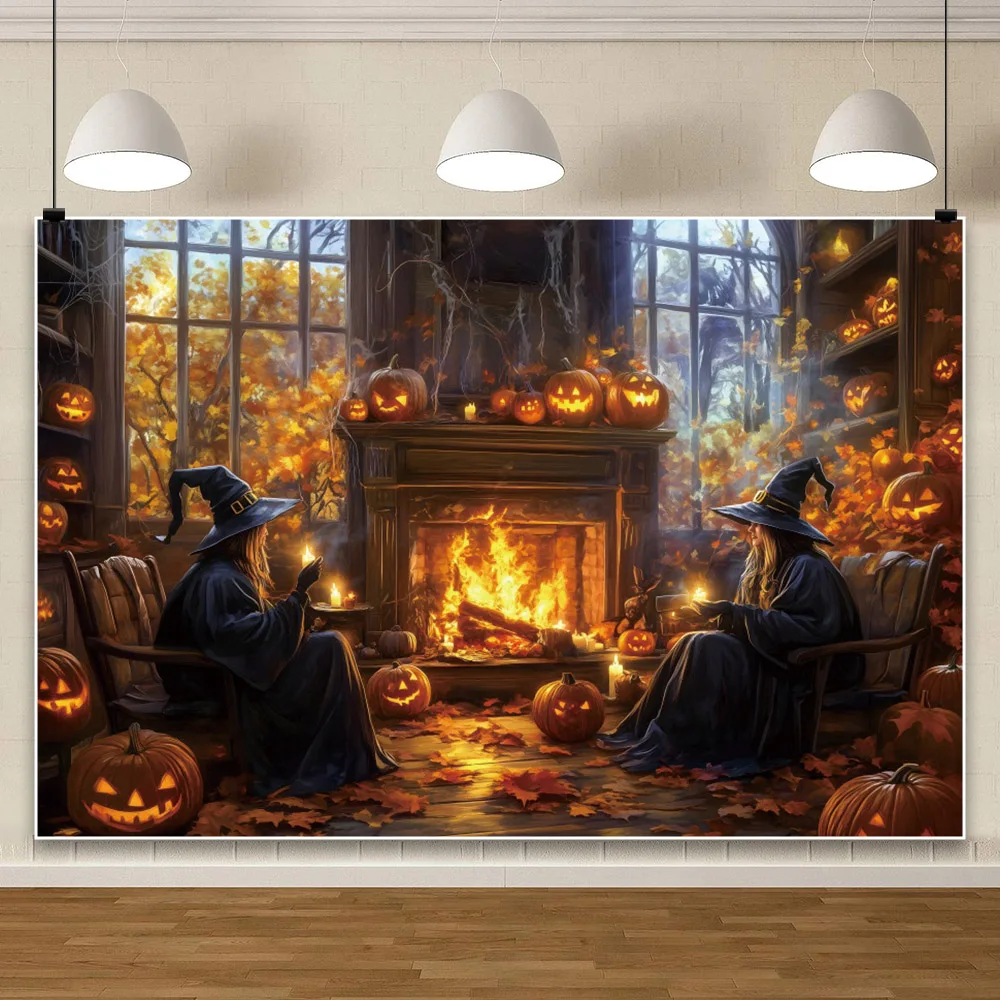 ハロウィーンの魔女の背景、古い教会の暖炉、カボチャのランタン、子供の家族の肖像画の写真、背景の装飾、スタジオの写真アクセサリー