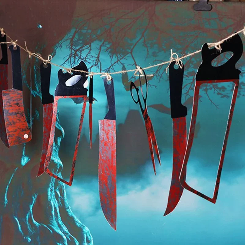 12Pcs Halloween Fake Blood Knife Garland Plastic Bloody Knife Banner Haunted House Horror Hanging Party Wall Decoration Props