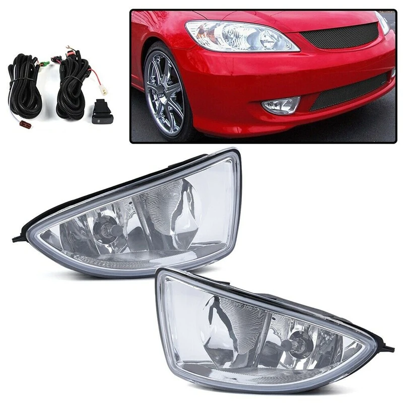 

Car Bumper Lamp Clear Fog Light Pair+Switch Wiring Kit For Honda Civic 04-05