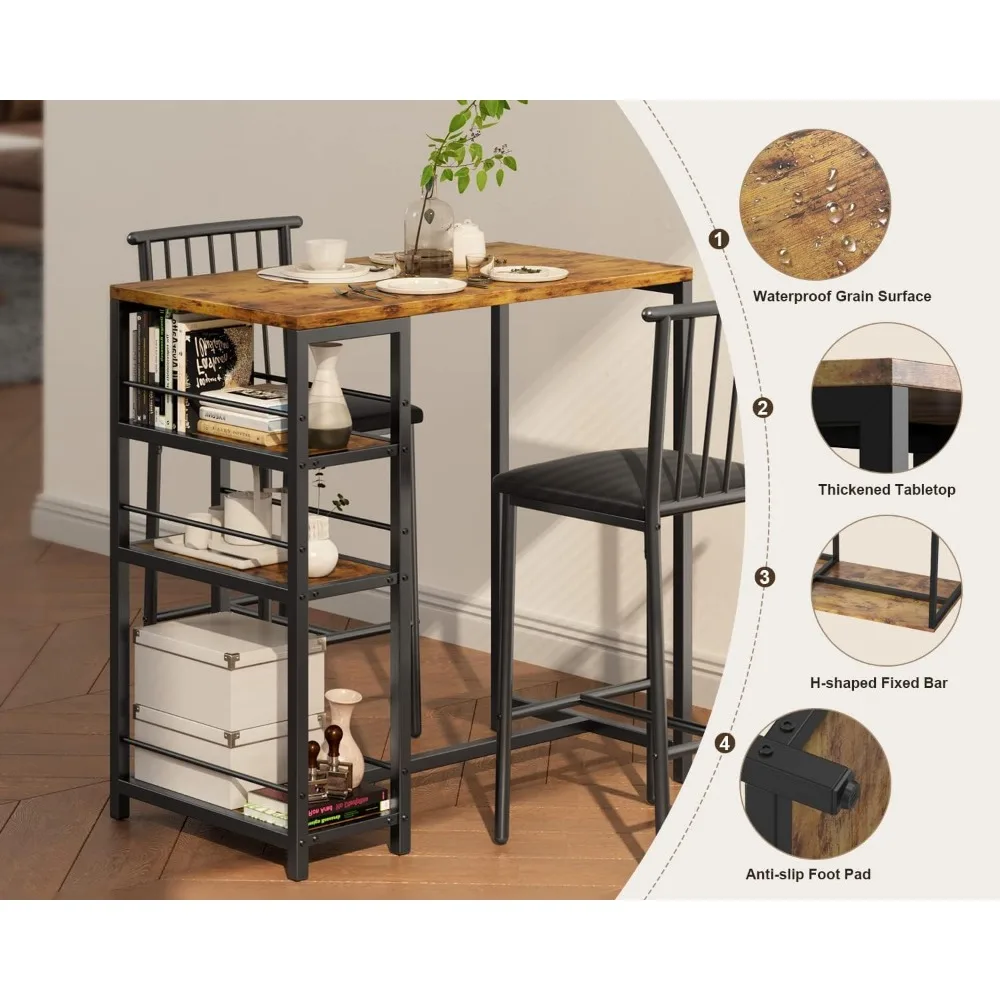 Dining Table Set for 2 with 3 Storage Shelves, Kitchen Table and Chairs for 2 with Pu Cushion Chairs & Thick Wood Top