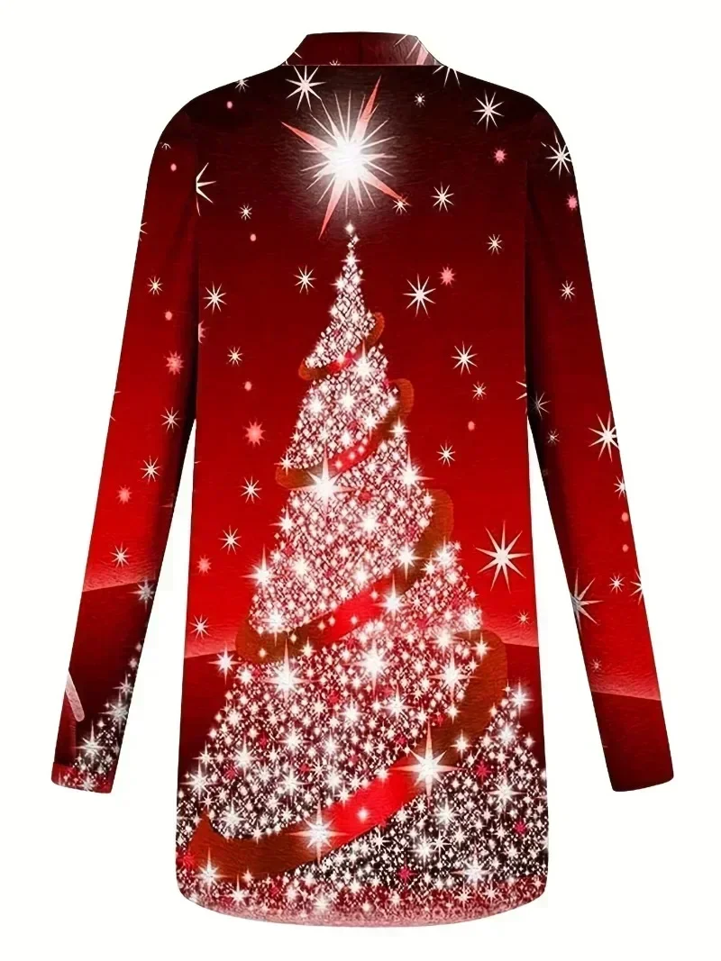 Women\'s Plus Size 1XL-5XL Cardigan Christmas Casual Print Long Sleeved Cardigan Ladies Fashion Paired with Christmas Tree