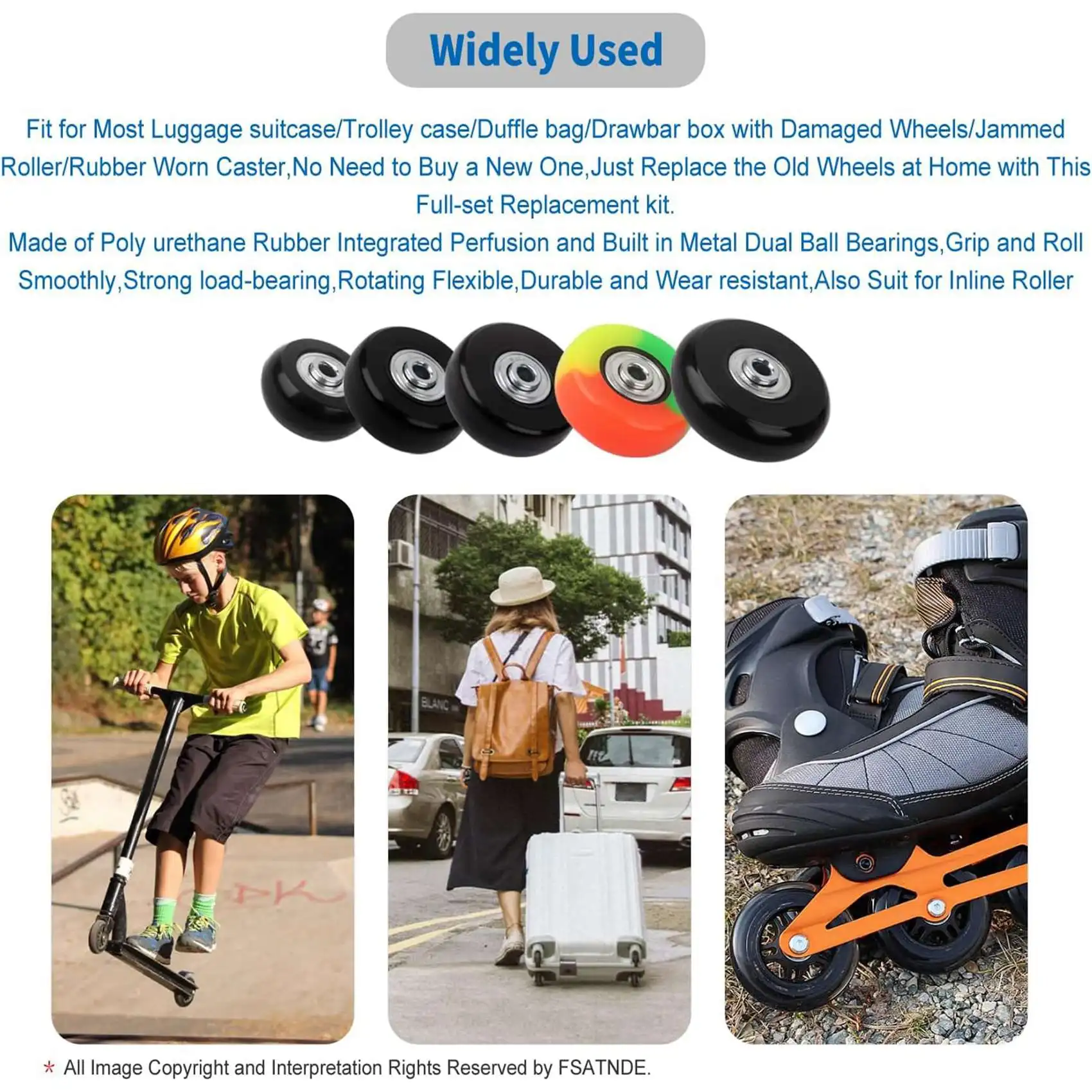 AWAH Set Of 2 Luggage Wheel Black Eco-Friendly PU 60X13mm Luggage Suitcase PU Swivel Caster Wheels Bearings Repair Kit