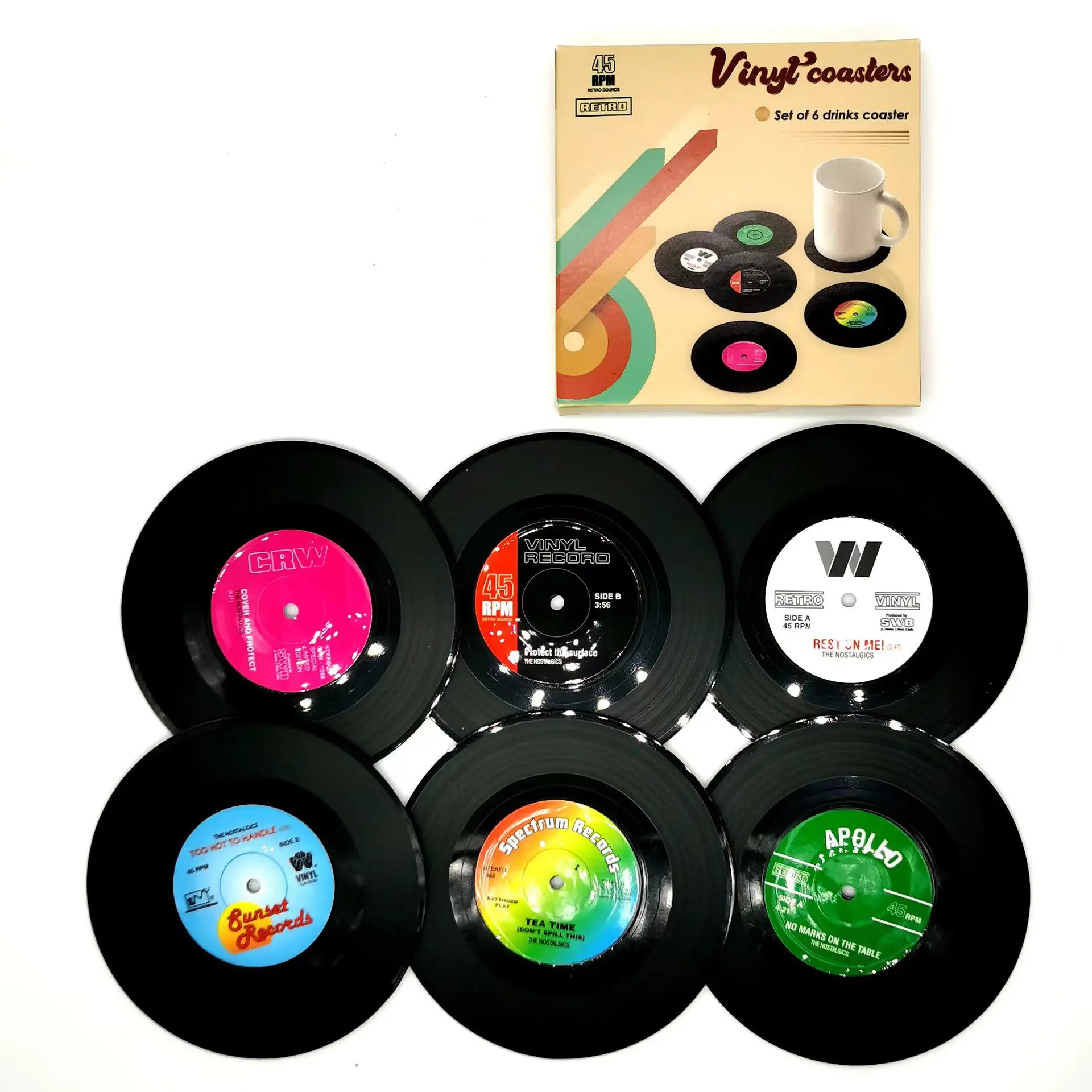 

6pcs Retro Vinyl Coasters Drinks Table Cup Mat CD Record Anti-slip Insulation Tableware Mats Table Decoration Home Kitchen Tools