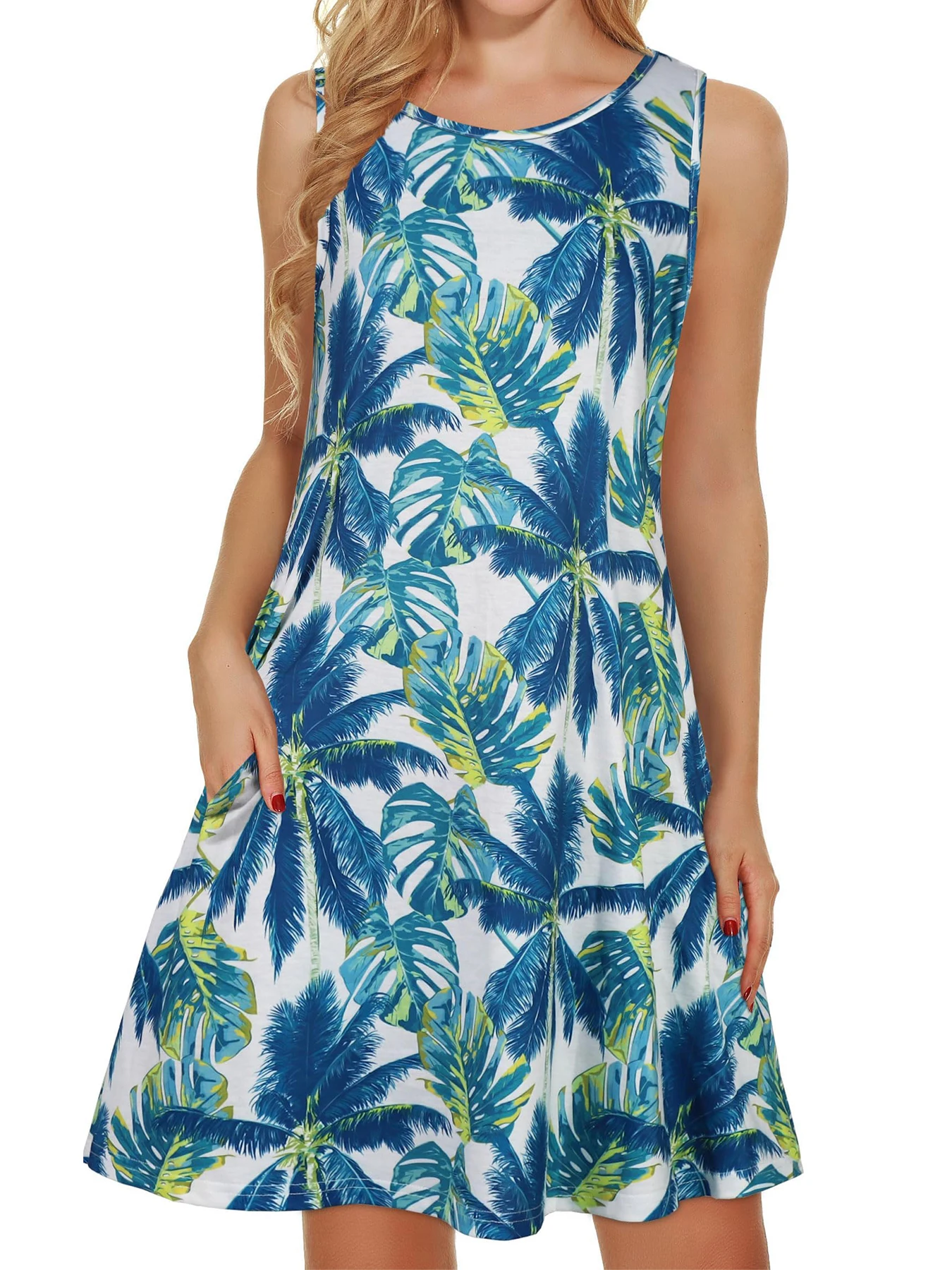 플러스 사이즈 여성 드레스 꽃무늬 민소매 라운드 넥 우아한 스커트