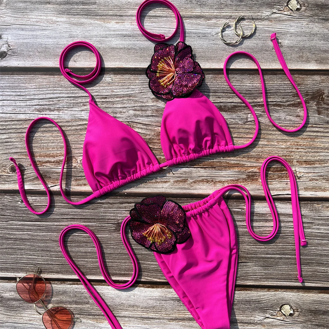 Sexy 3D-Blumen-Neckholder-Bikini mit Trägern, Damen-Badeanzug, zweiteiliges Bikini-Set, gepolsterter Badeanzug, Badebekleidung, Schwimmanzug V6835 – Detail 12