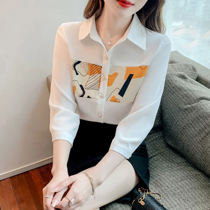 Elegant Fashion Simple Printed Patchwork Three-quarter Sleeve Chiffon Blouse Top Women Casual Button Up Office Lady Shirt Blusas