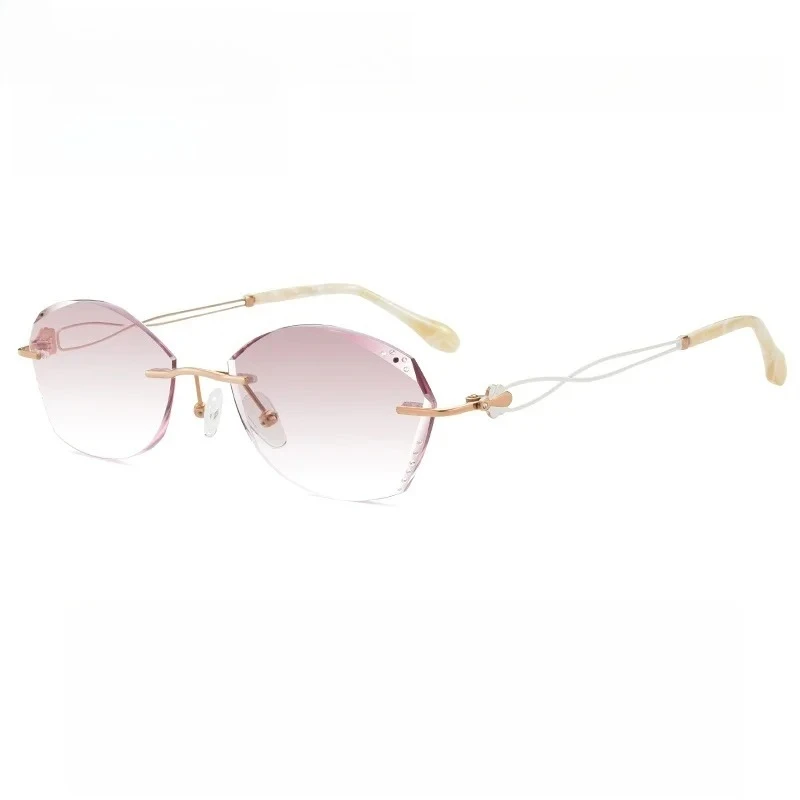 Women Rimless Eyeglass Titanium Gray Red MR-8 Durable Lenses Elegant Prescription Sunglasses UV Protect Lady Diamonds Glasses