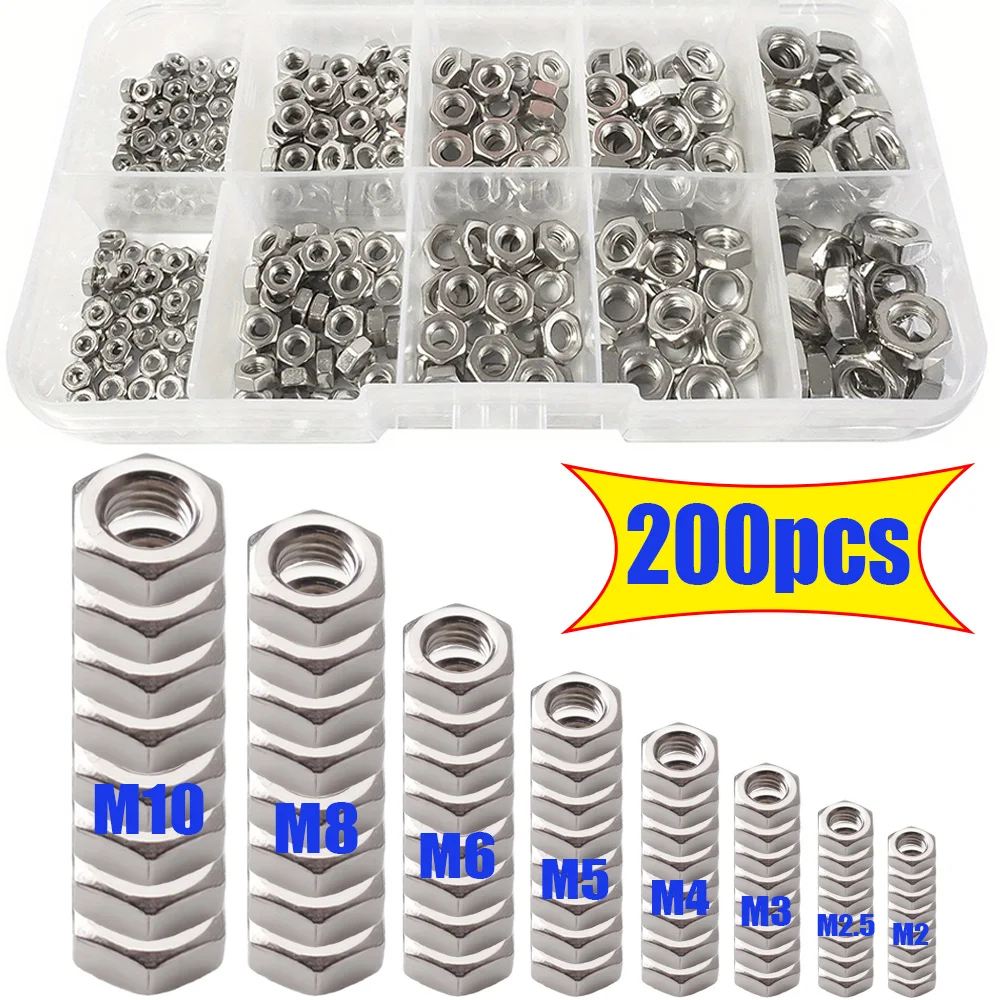 200 Pieces of M2-M10 Stainless Steel Hex Nuts, Suitable for Home and Outdoor Building Maintenance, and Machinery Parts.