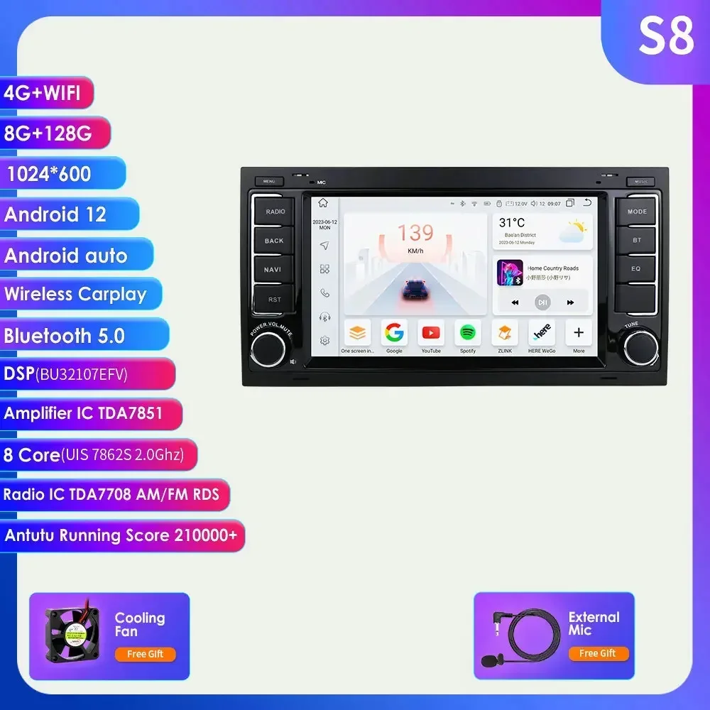 Carplay 4G-LTE 7 ''2Din Android 14 Autoradio GPS voor VW Volkswagen Touareg Transporter T5 Multivan Naviagtion speler Audio WIFI