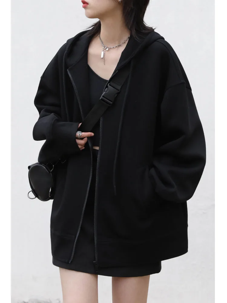 Women Hoodies Solid Color Zip Up Pocket Oversized Harajuku Korean Sweatshirts Female Long Sleeve Hooded Streetwear Casual Top