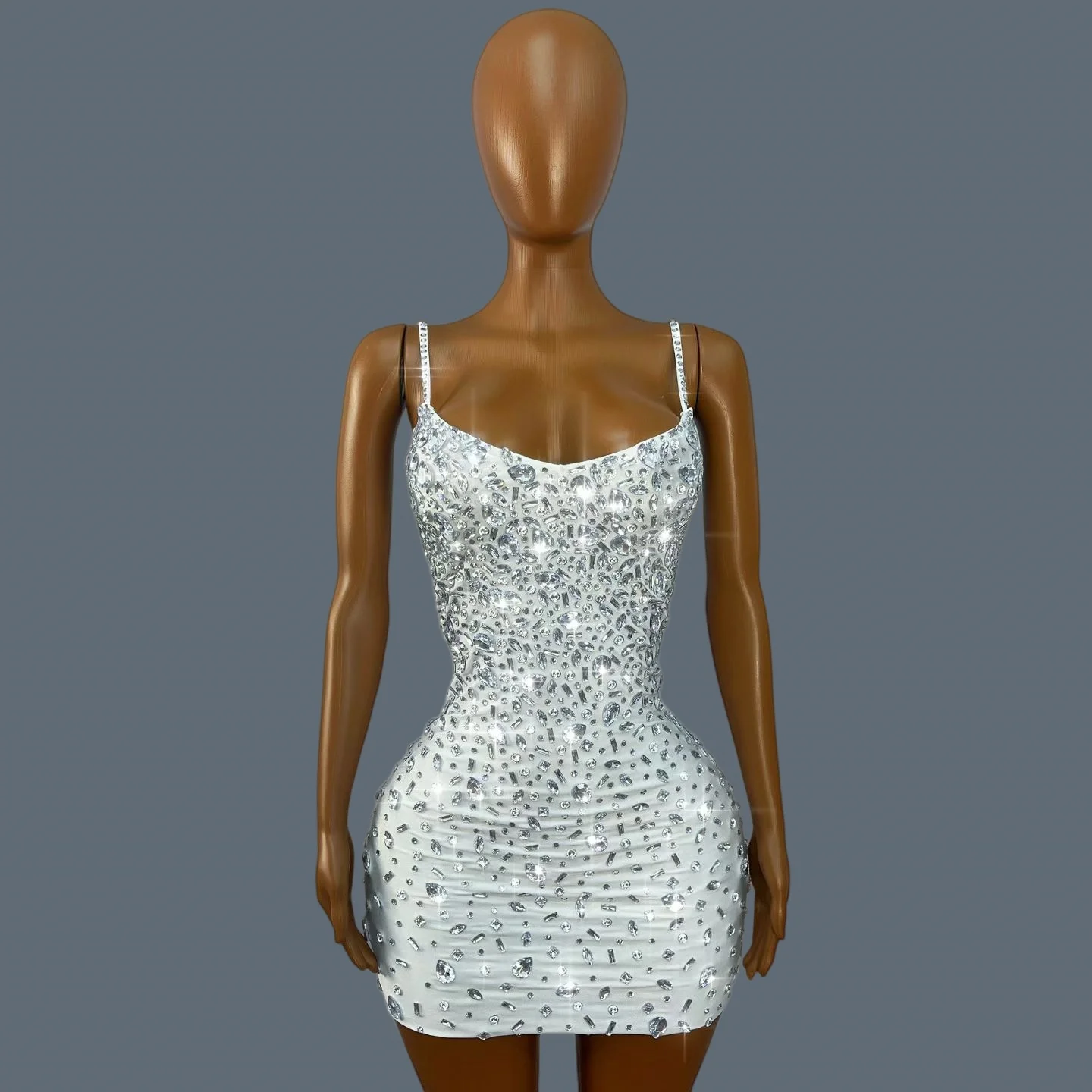 Luxury Sparkly Rhinestone Sexy Strap Cocktail Dress Women V Neck Mesh Bodycon Dress Nightclub Birthday Party Outfit Xingshanshan